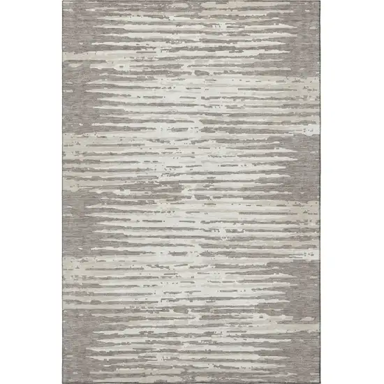 Taupe And Ivory Striped Washable Area Rug With UV Protection Photo 4
