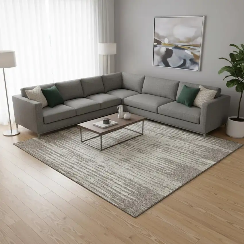 Taupe And Ivory Striped Washable Area Rug With UV Protection Photo 2