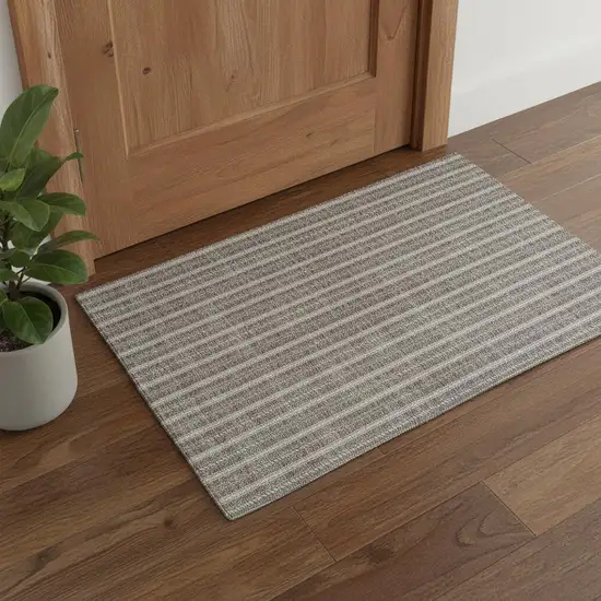 Taupe And Ivory Striped Washable Area Rug With UV Protection Photo 1
