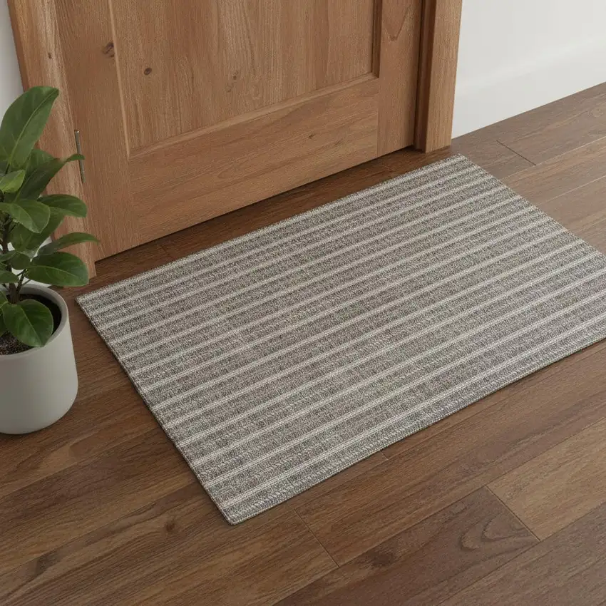 Taupe And Ivory Striped Washable Area Rug With UV Protection Photo 1