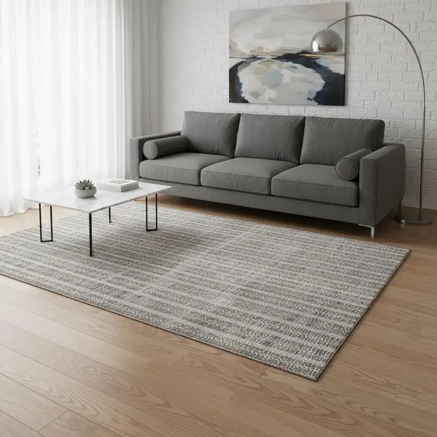 Taupe And Ivory Striped Washable Area Rug With UV Protection Photo 2