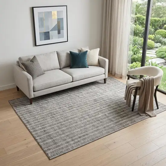 Taupe And Ivory Striped Washable Area Rug With UV Protection Photo 1