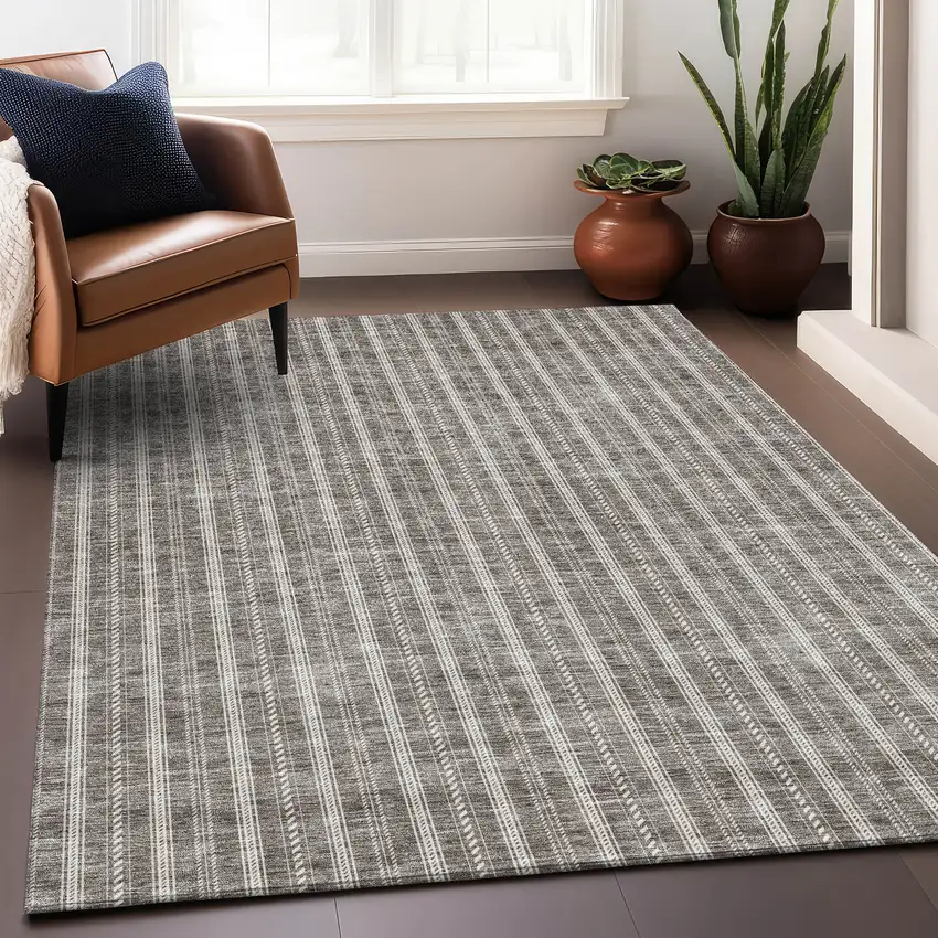 Taupe And Ivory Striped Washable Area Rug With UV Protection Photo 5