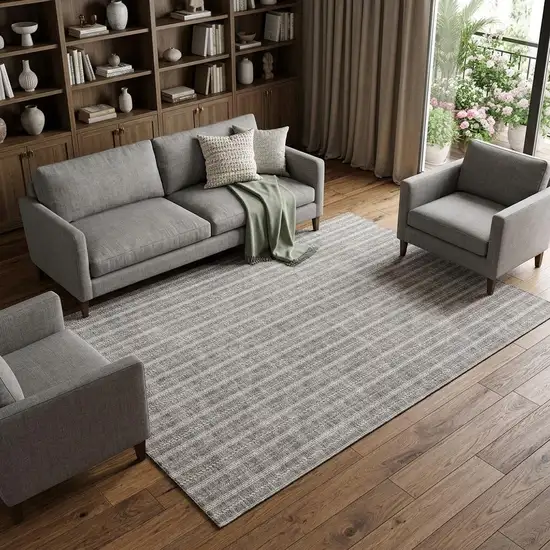 Taupe And Ivory Striped Washable Area Rug With UV Protection Photo 1