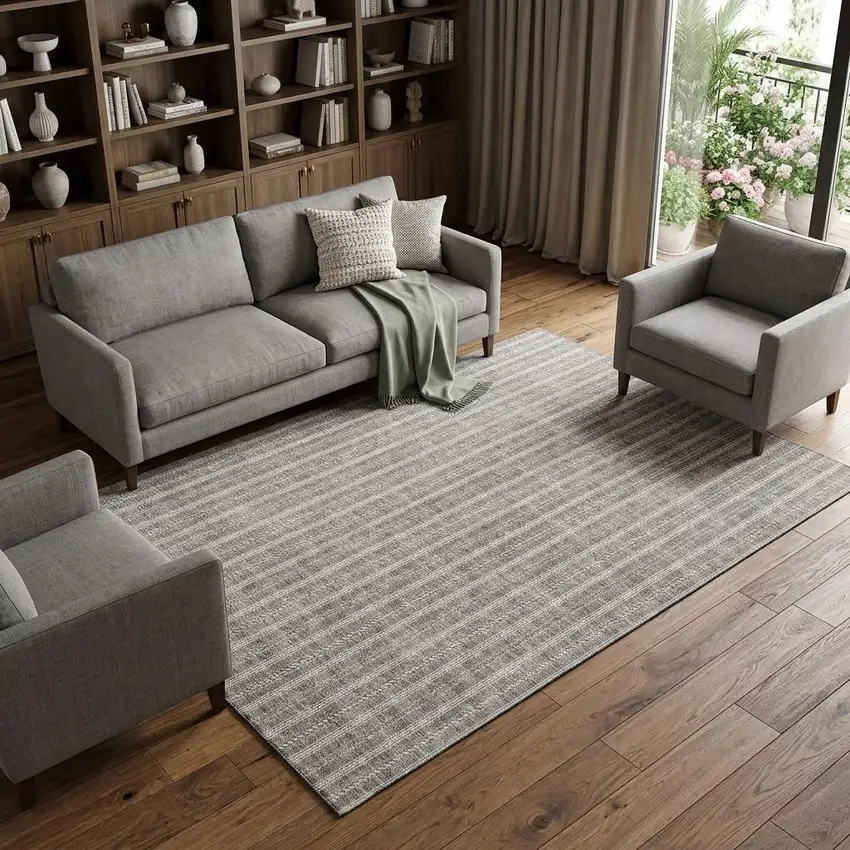 Taupe And Ivory Striped Washable Area Rug With UV Protection Photo 1