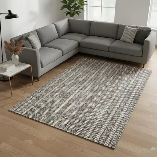 Taupe And Ivory Striped Washable Area Rug With UV Protection Photo 2