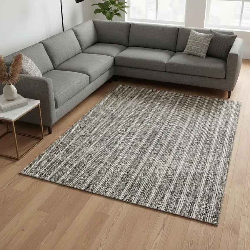 Taupe And Ivory Striped Washable Area Rug With UV Protection Photo 2