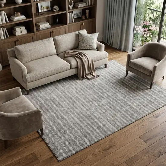 Taupe And Ivory Striped Washable Area Rug With UV Protection Photo 1