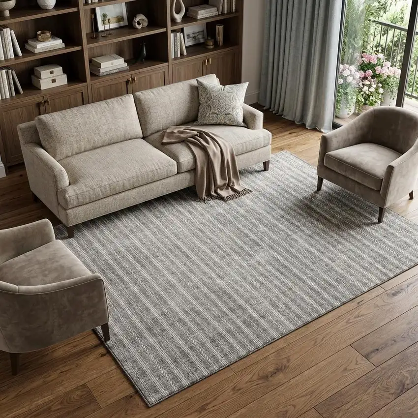 Taupe And Ivory Striped Washable Area Rug With UV Protection Photo 1