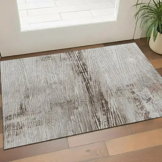 Taupe And Ivory Striped Washable Area Rug With UV Protection Photo 2