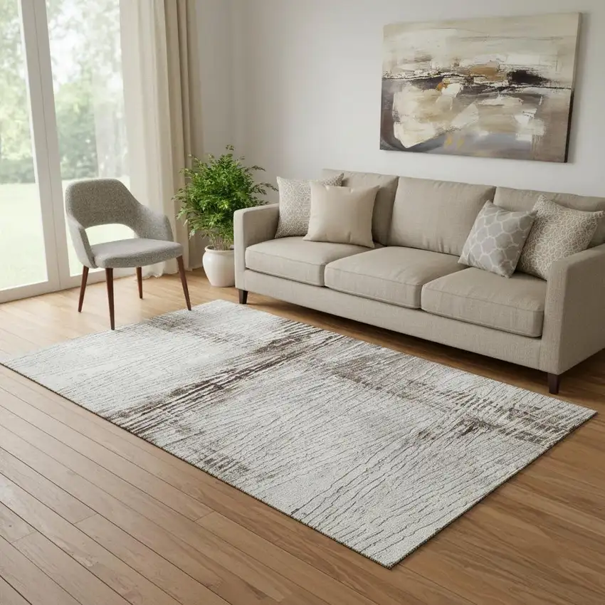 Taupe And Ivory Striped Washable Area Rug With UV Protection Photo 2