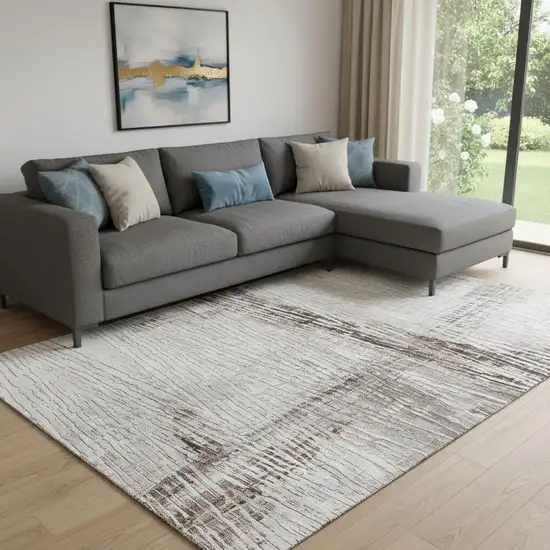 Taupe And Ivory Striped Washable Area Rug With UV Protection Photo 2