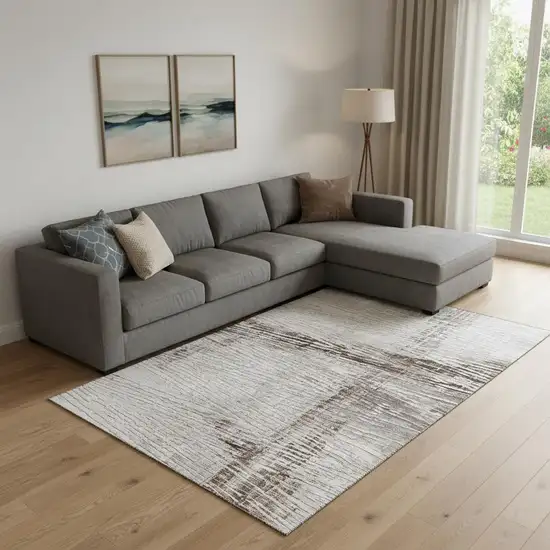 Taupe And Ivory Striped Washable Area Rug With UV Protection Photo 2