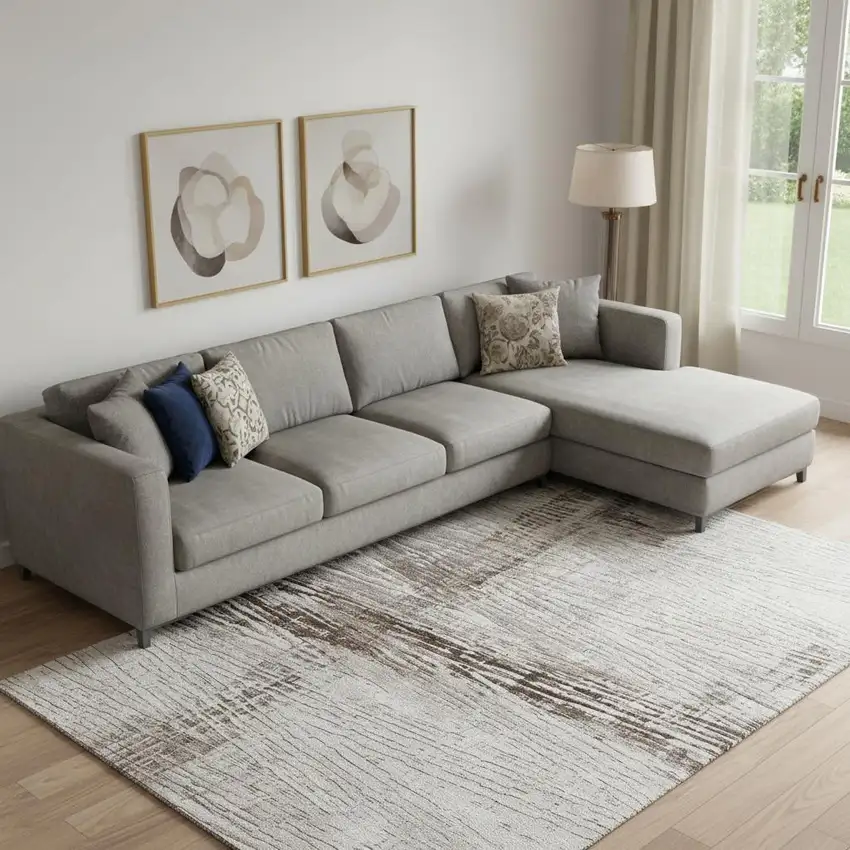 Taupe And Ivory Striped Washable Area Rug With UV Protection Photo 2