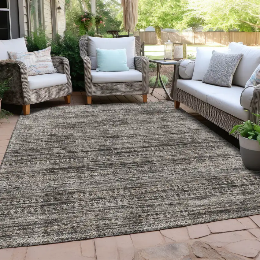 Taupe And Ivory Striped Washable Indoor Outdoor Area Rug Photo 5