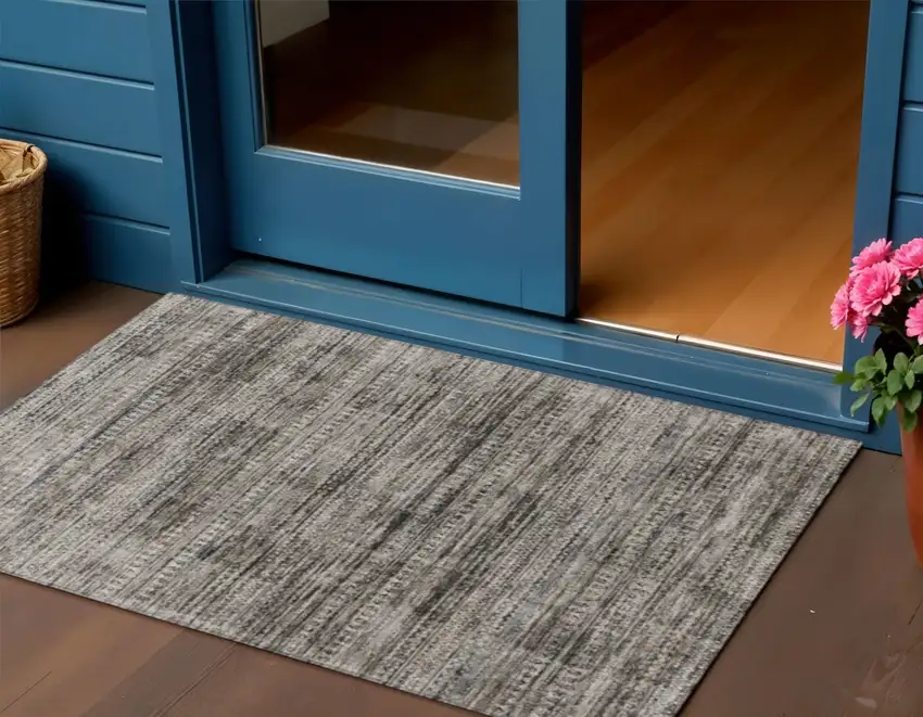 Taupe And Ivory Striped Washable Indoor Outdoor Area Rug Photo 2