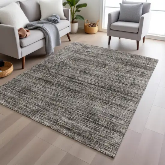 Taupe And Ivory Striped Washable Indoor Outdoor Area Rug Photo 6