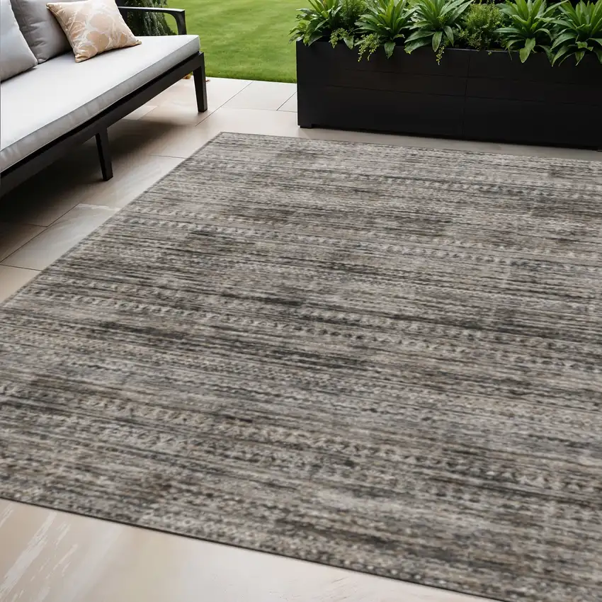 Taupe And Ivory Striped Washable Indoor Outdoor Area Rug Photo 2