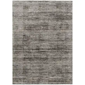 Photo of Taupe And Ivory Striped Washable Indoor Outdoor Area Rug