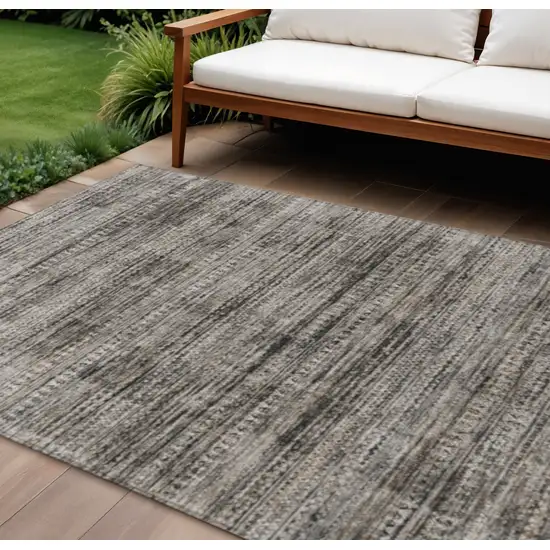 Taupe And Ivory Striped Washable Indoor Outdoor Area Rug Photo 2