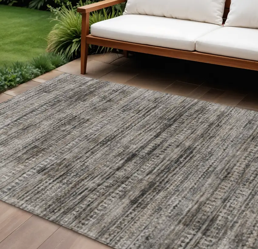 Taupe And Ivory Striped Washable Indoor Outdoor Area Rug Photo 2