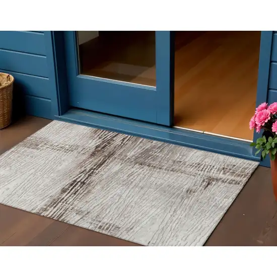 Taupe And Ivory Striped Washable Indoor Outdoor Area Rug Photo 2