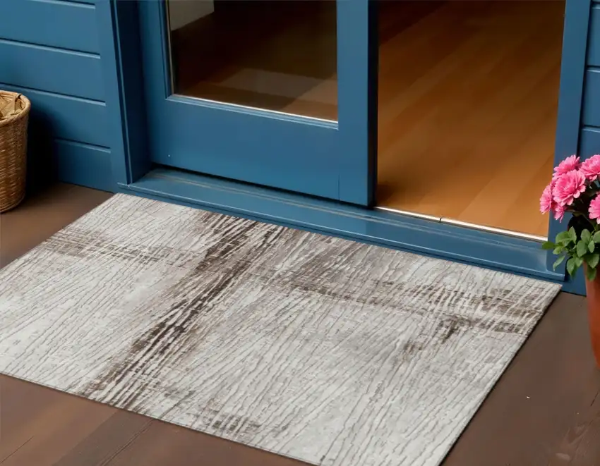 Taupe And Ivory Striped Washable Indoor Outdoor Area Rug Photo 2