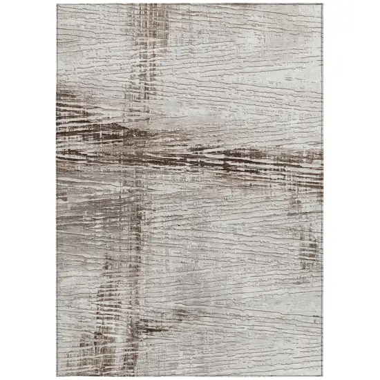 Taupe And Ivory Striped Washable Indoor Outdoor Area Rug Photo 9