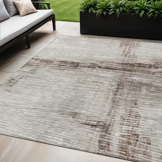 Taupe And Ivory Striped Washable Indoor Outdoor Area Rug Photo 2