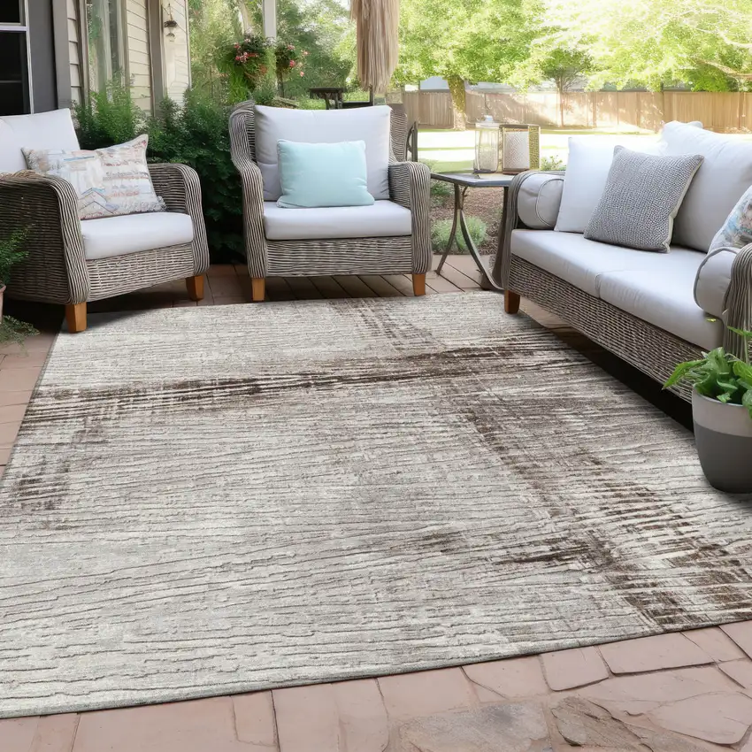 Taupe And Ivory Striped Washable Indoor Outdoor Area Rug Photo 6