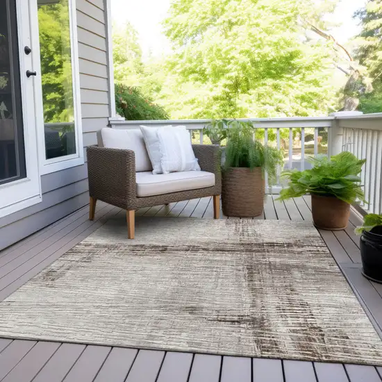 Taupe And Ivory Striped Washable Indoor Outdoor Area Rug Photo 9