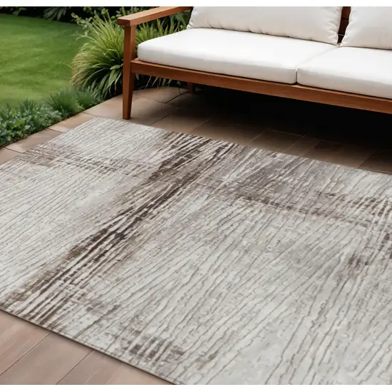 Taupe And Ivory Striped Washable Indoor Outdoor Area Rug Photo 2