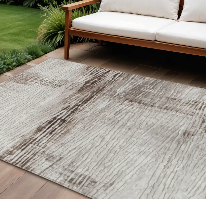 Taupe And Ivory Striped Washable Indoor Outdoor Area Rug Photo 2