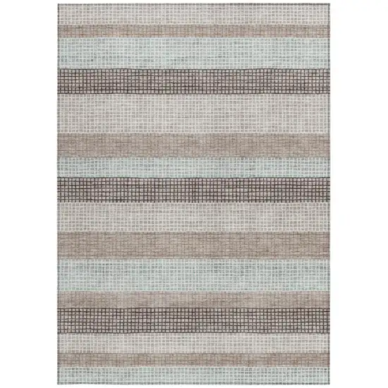 Taupe And Ivory Striped Washable Indoor Outdoor Area Rug Photo 9