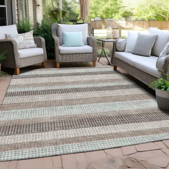 Taupe And Ivory Striped Washable Indoor Outdoor Area Rug Photo 4
