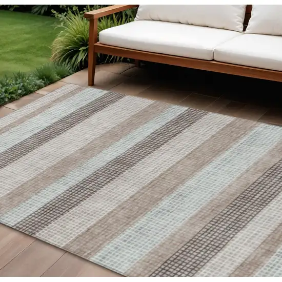 Taupe And Ivory Striped Washable Indoor Outdoor Area Rug Photo 2