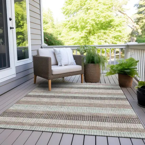 Taupe And Ivory Striped Washable Indoor Outdoor Area Rug Photo 8