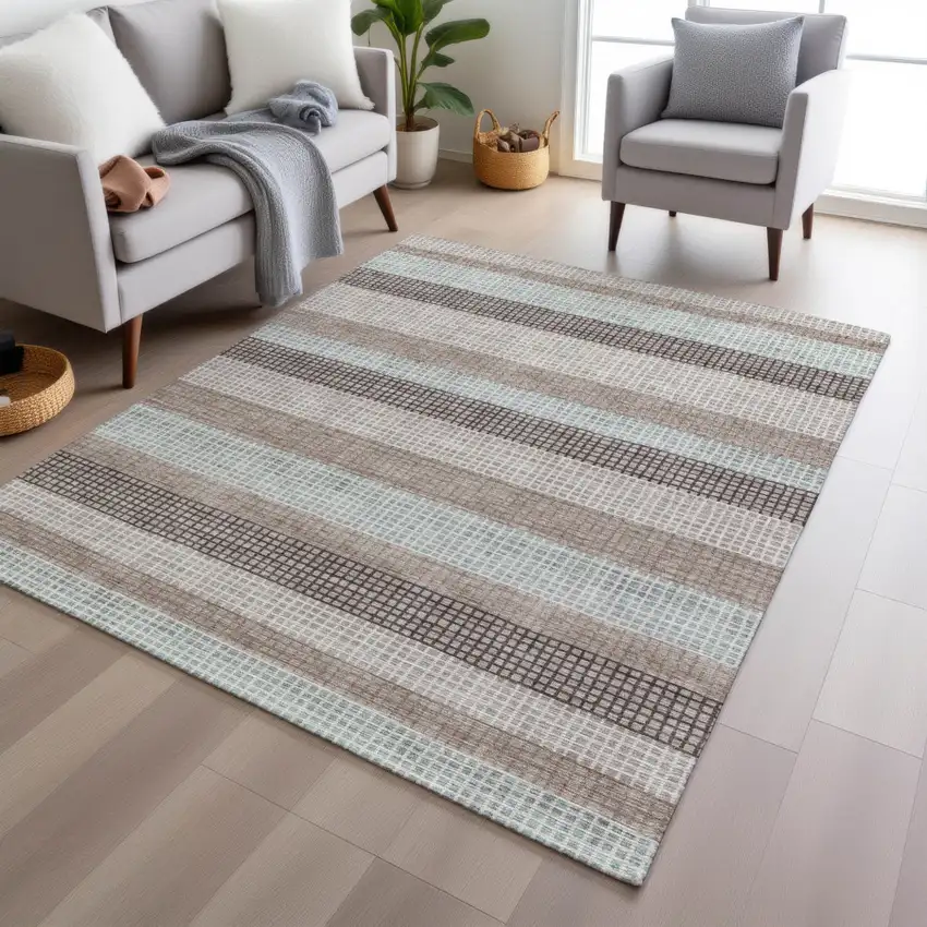Taupe And Ivory Striped Washable Indoor Outdoor Area Rug Photo 5