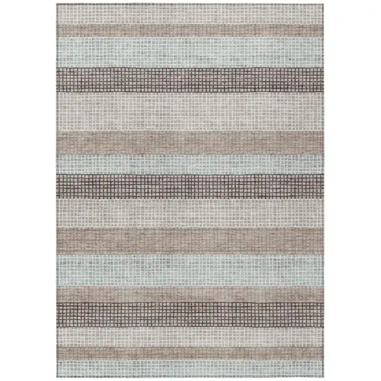 Taupe And Ivory Striped Washable Indoor Outdoor Area Rug Photo 8