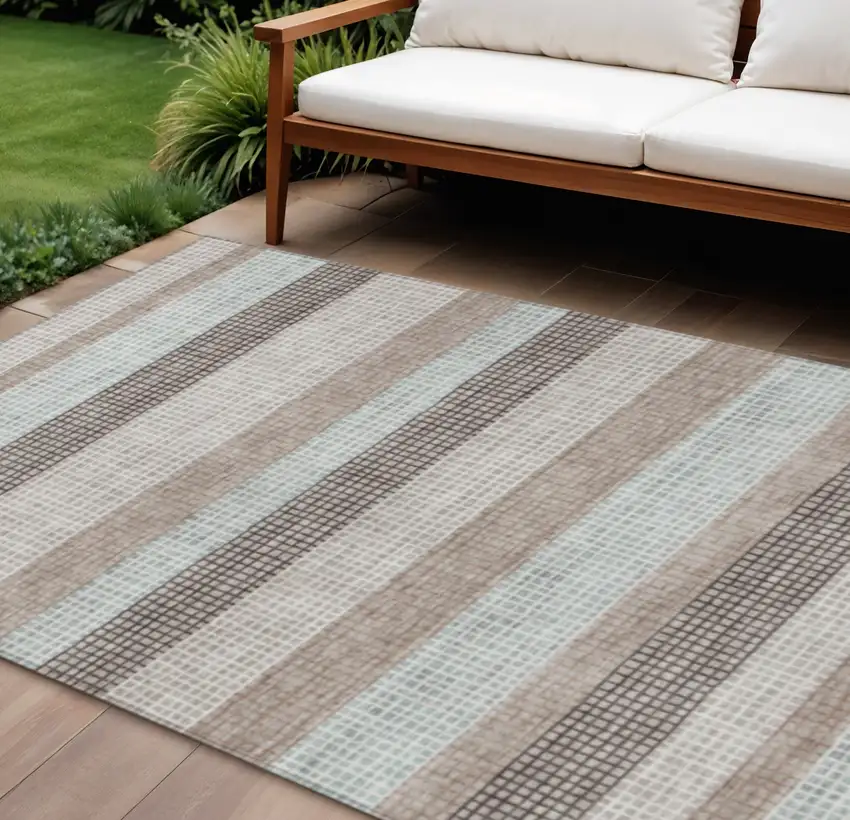 Taupe And Ivory Striped Washable Indoor Outdoor Area Rug Photo 2