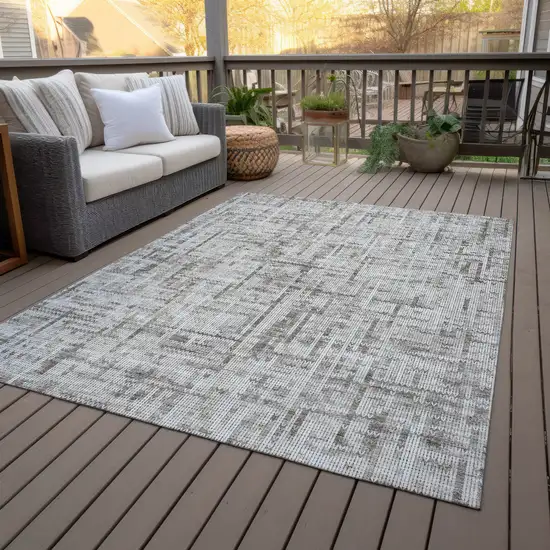 Taupe And Ivory Striped Washable Indoor Outdoor Area Rug Photo 5