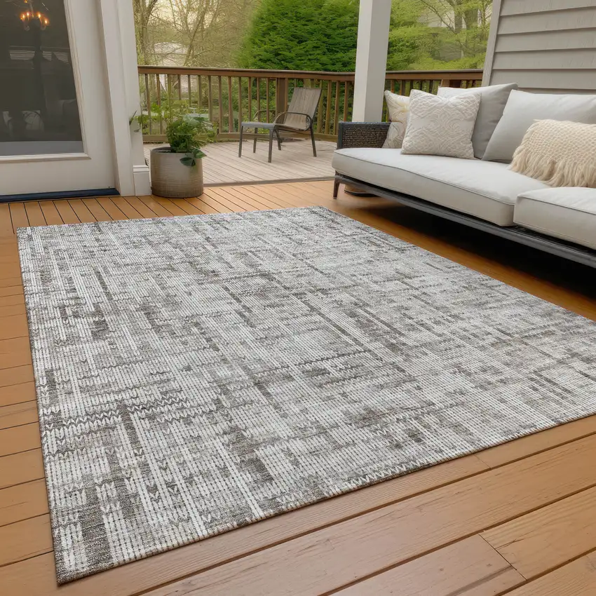 Taupe And Ivory Striped Washable Indoor Outdoor Area Rug Photo 6