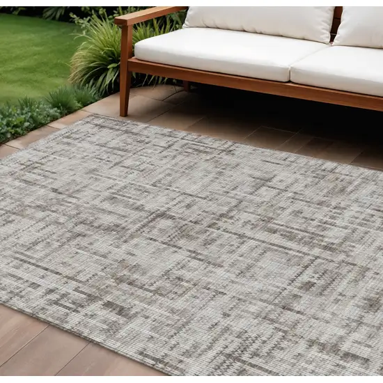 Taupe And Ivory Striped Washable Indoor Outdoor Area Rug Photo 1