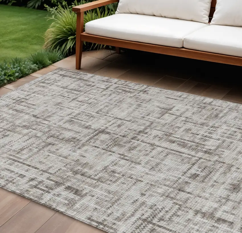 Taupe And Ivory Striped Washable Indoor Outdoor Area Rug Photo 2