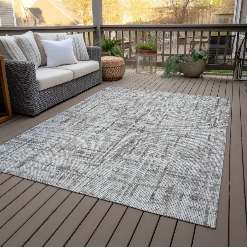 Taupe And Ivory Striped Washable Indoor Outdoor Area Rug Photo 6
