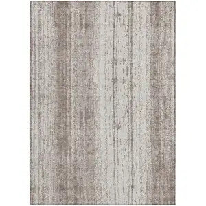 Photo of Taupe And Ivory Striped Washable Indoor Outdoor Area Rug