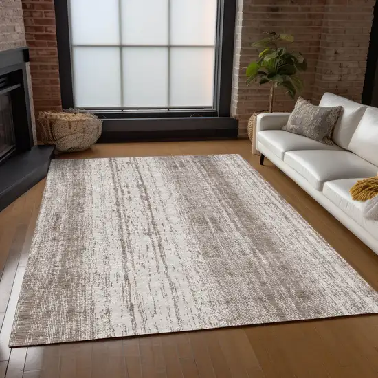 Taupe And Ivory Striped Washable Indoor Outdoor Area Rug Photo 9
