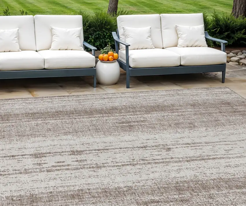 Taupe And Ivory Striped Washable Indoor Outdoor Area Rug Photo 1
