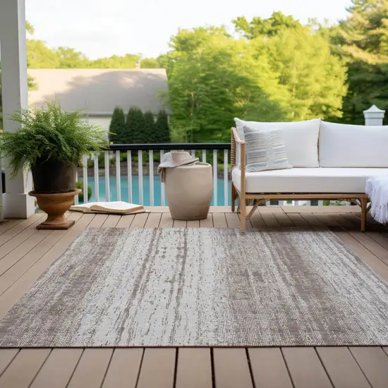 Taupe And Ivory Striped Washable Indoor Outdoor Area Rug Photo 9