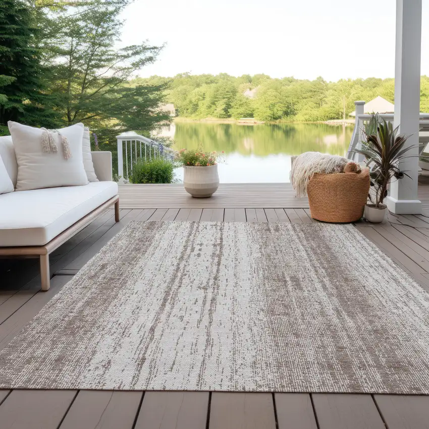Taupe And Ivory Striped Washable Indoor Outdoor Area Rug Photo 7